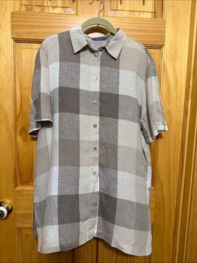 Marco Pecci Men’s Short-Sleeve Button-Down Linen Shirt, Plaid.  Size 42/Large.